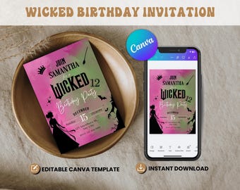 Invitación de cumpleaños de Wicked: Elphaba y Glinda, temática de Oz (plantilla de Canva, imprimible en Evite)