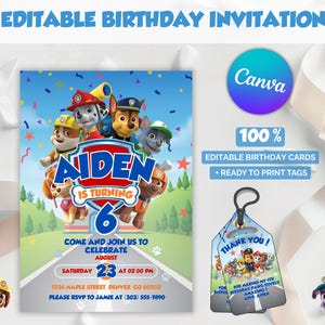 Editable Paw Patrol Birthday Invite Template | Canva Printable Paw-ty Invitation | Pup Doggy Crew Boys & Girls Bday Set | Digital Download