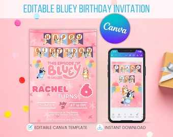 Invitación de cumpleaños de Bluey: Plantilla editable de Canva, tarjeta de agradecimiento (descarga digital)