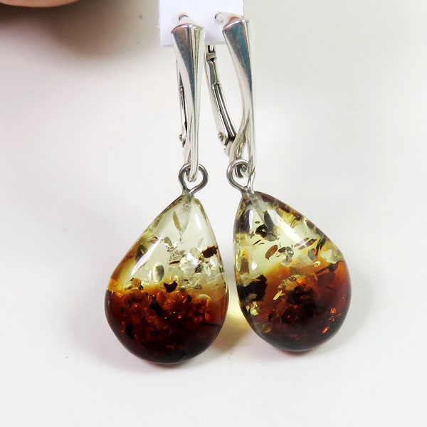 Amazing 3.76 grams Multicolor glittering Natural Genuine BALTIC AMBER Drops Dangle Earrings 925 Sterling Silver