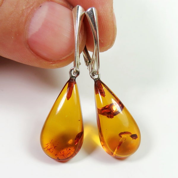 Amazing 4.27 grams Cognac Natural Genuine BALTIC AMBER Drops Dangle Earrings 925 Sterling Silver