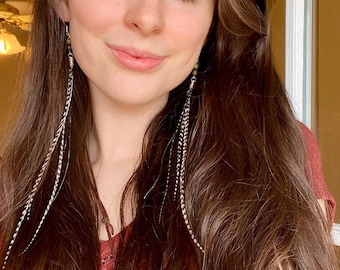 Long Feather Earrings | Sterling Silver Hooks, Dendritic Jade, Boho Jewelry