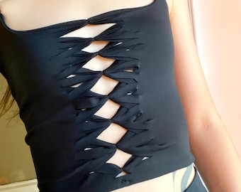 Slitweave Black Crop Tank Top | Small and Medium, Braided Geometric Woven Music Festival Shirt