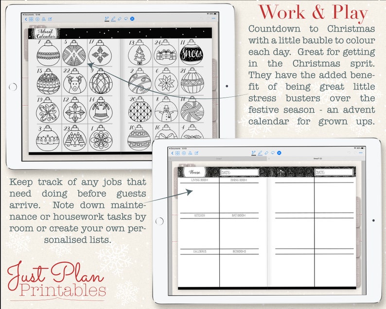 Digital Christmas Planner for Goodnotes - A digital Christmas colouring advent calendar adds a little bit of fun to your planner and a housework organiser will make sure you are on top of cleaning before Xmas guests arrive