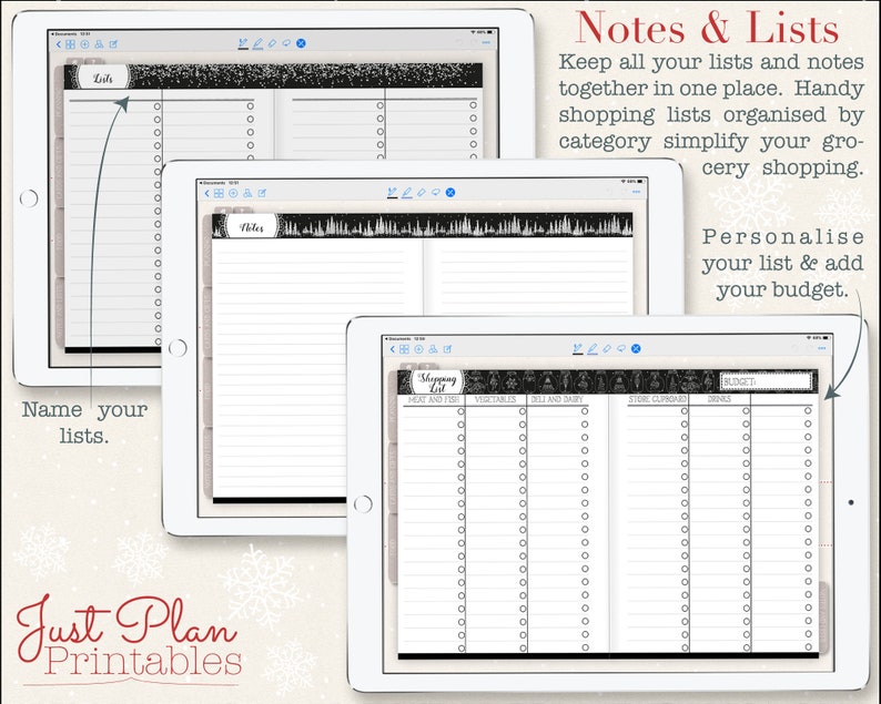 Digital Christmas Planner for Goodnotes - notes and lists pages ensure there is plenty of room for to-do lists and extra planning