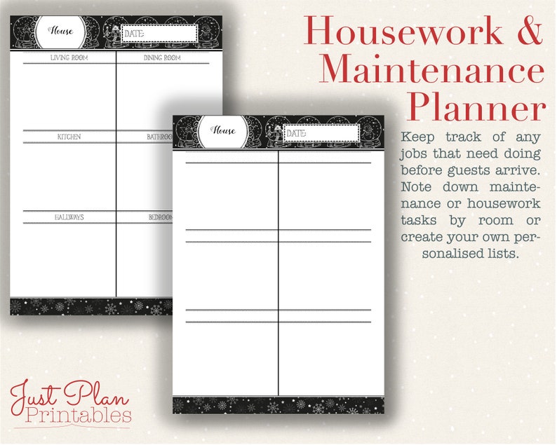 Christmas Planning Printables - Housework and maintenance planner to make sure cleaning and maintenance jobs are completed before guests arrive