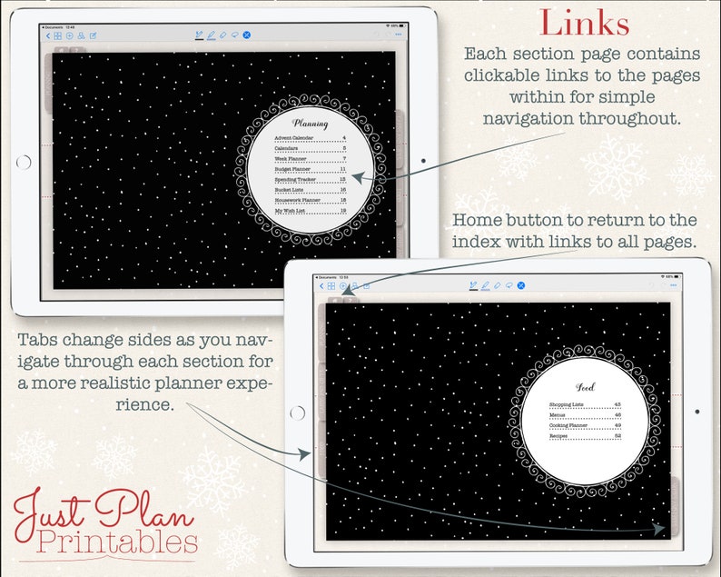 Digital Christmas Planner for Goodnotes clickable index pages make navigation easy.