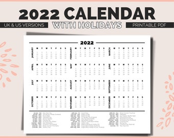 2022 Calendar Printable with Holidays - UK and US Simple Blank Minimalist Landscape Calendars PDF for Wall Desk Year at a Glance on One Page