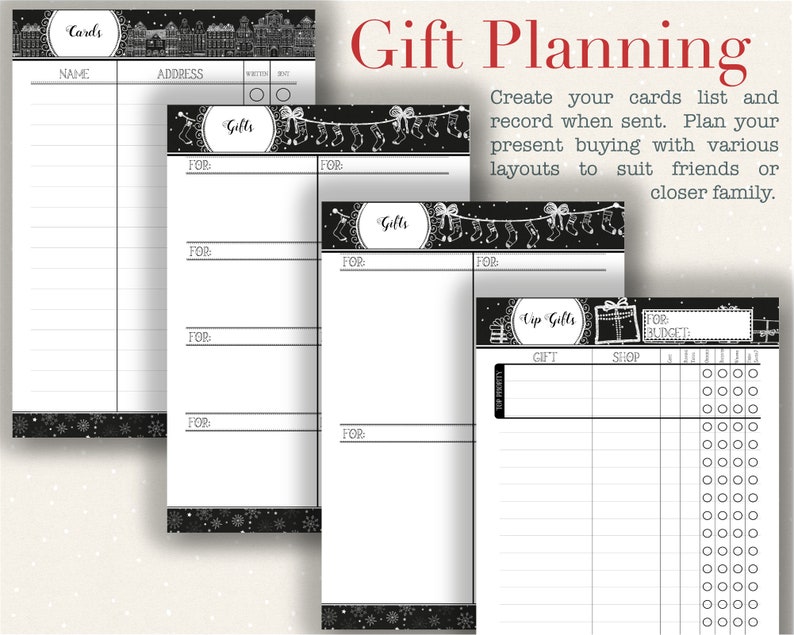 Christmas Planning Printables - Gift planning lists for friends and family as well as card lists to keep track of cards sent and received.