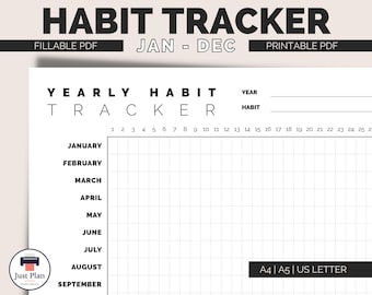 Habit Tracker Printable Yearly Template to Track Habits and Goals Through the Year | Fillable PDF | A4 A5 and US Letter | Monthly 365 Day