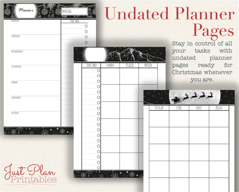 Christmas Planning Printables - Undated planner pages help you to stay organised over the Xmas period. Monthly and weekly calendars make sure you don't forget events and appointments as well as giving plenty of room for a to do list and planning