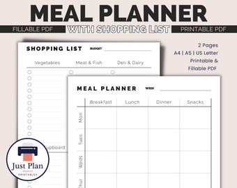 Printable Meal Planner Weekly Planning Template with Grocery List and Snacks | Cute Simple Dinner Menu  | A5, A4, US Letter Downloadable PDF