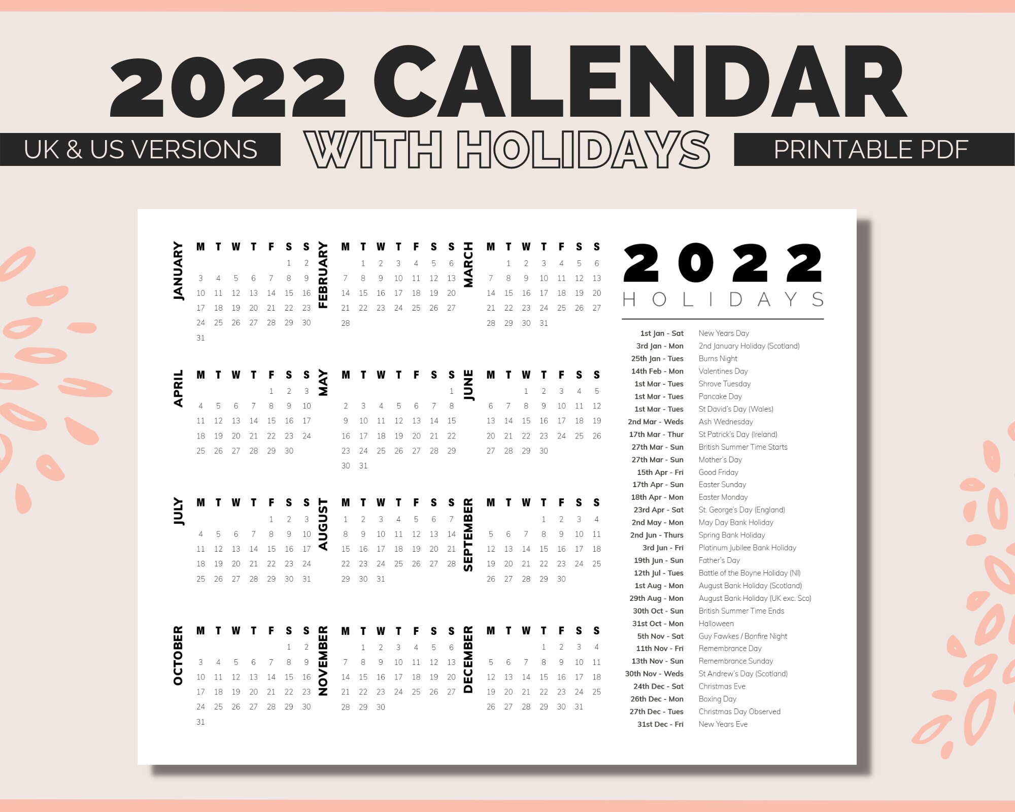 2022 calendar printable with holidays uk and us simple blank etsy