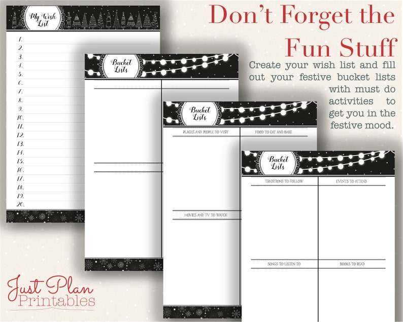 Christmas Planning Printables - Christmas bucket lists and wish lists ensure you don't forget xmas traditions and make time to enjoy Christmas.