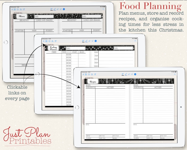 Digital Christmas Planner for Goodnotes - Xmas food planning including menus, recipes, and Hourly Christmas Day itinerary
