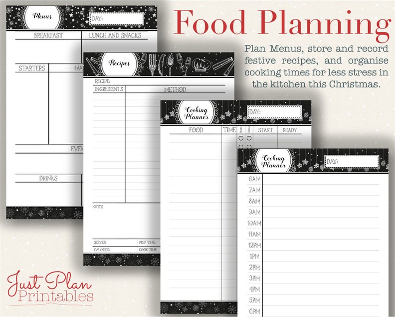 Christmas Planning Printables - Food Planning printables help to plan out your Christmas recipes and menus as well as an hourly cooking planner for festive entertaining.