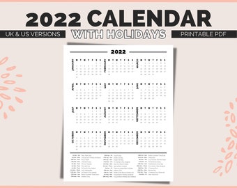 2022 Calendar Printable with Holidays - UK and US Simple Blank Minimalist Portrait Calendars PDF for Wall Desk Year at a Glance on One Page