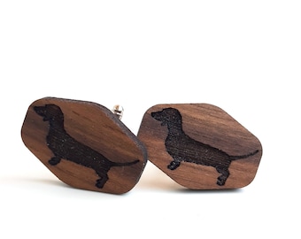 Dachshund wooden cufflink pair / Walnut wood hexagon shape pair of cufflinks