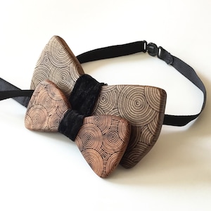 Father&Son" wooden bowtie set / Made of solid walnut wood / With laser engraved circles pattern image 1
