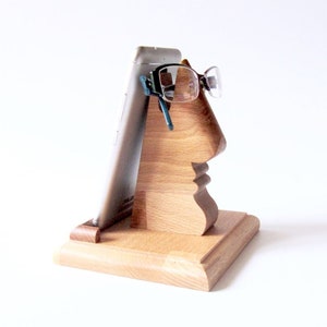 Wooden cell phone and glasses stand / A &quot;Face&quot; for your glasses and mobile