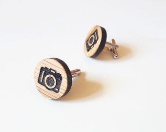 Oak Wooden Camera Cufflink Pair - Engraved Photographer Gift