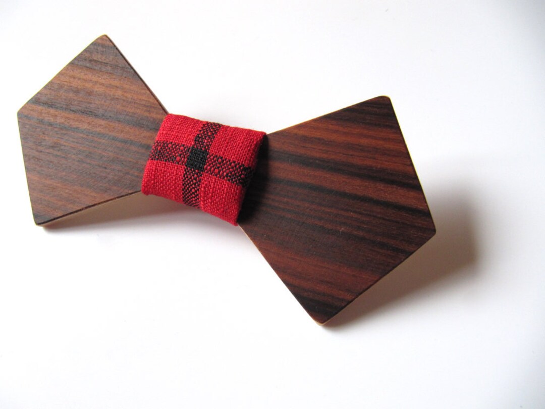 Rosewood Bow Tie / Wooden Bowtie With Red Checkered Fabric / Etsy