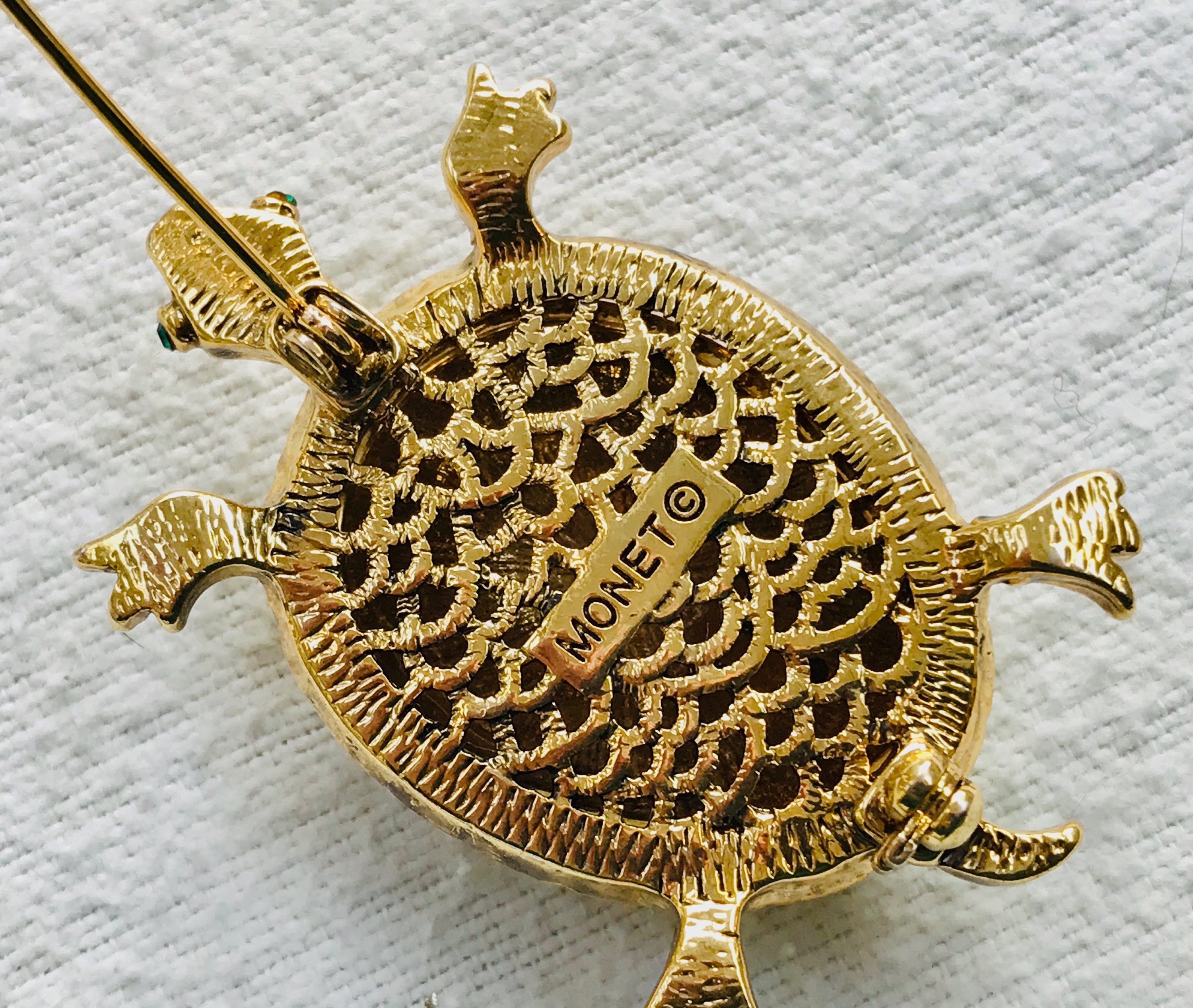 Vintage Gold Tone Rhinestone Turtle Brooch Pin in