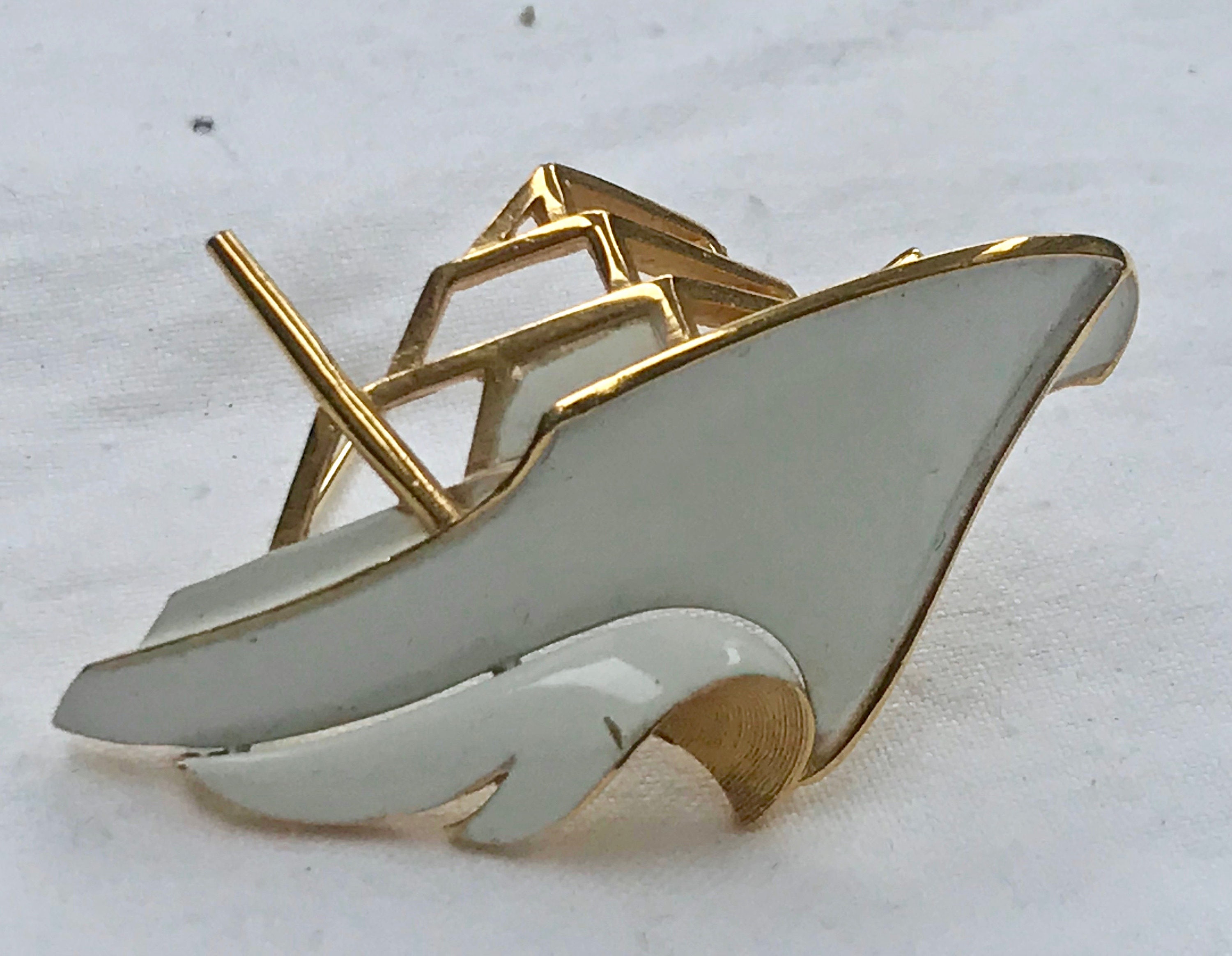Vintage 1950s TRIFARI, White Enamel Motor Boat Brooch Pin, Enamel Pin ...