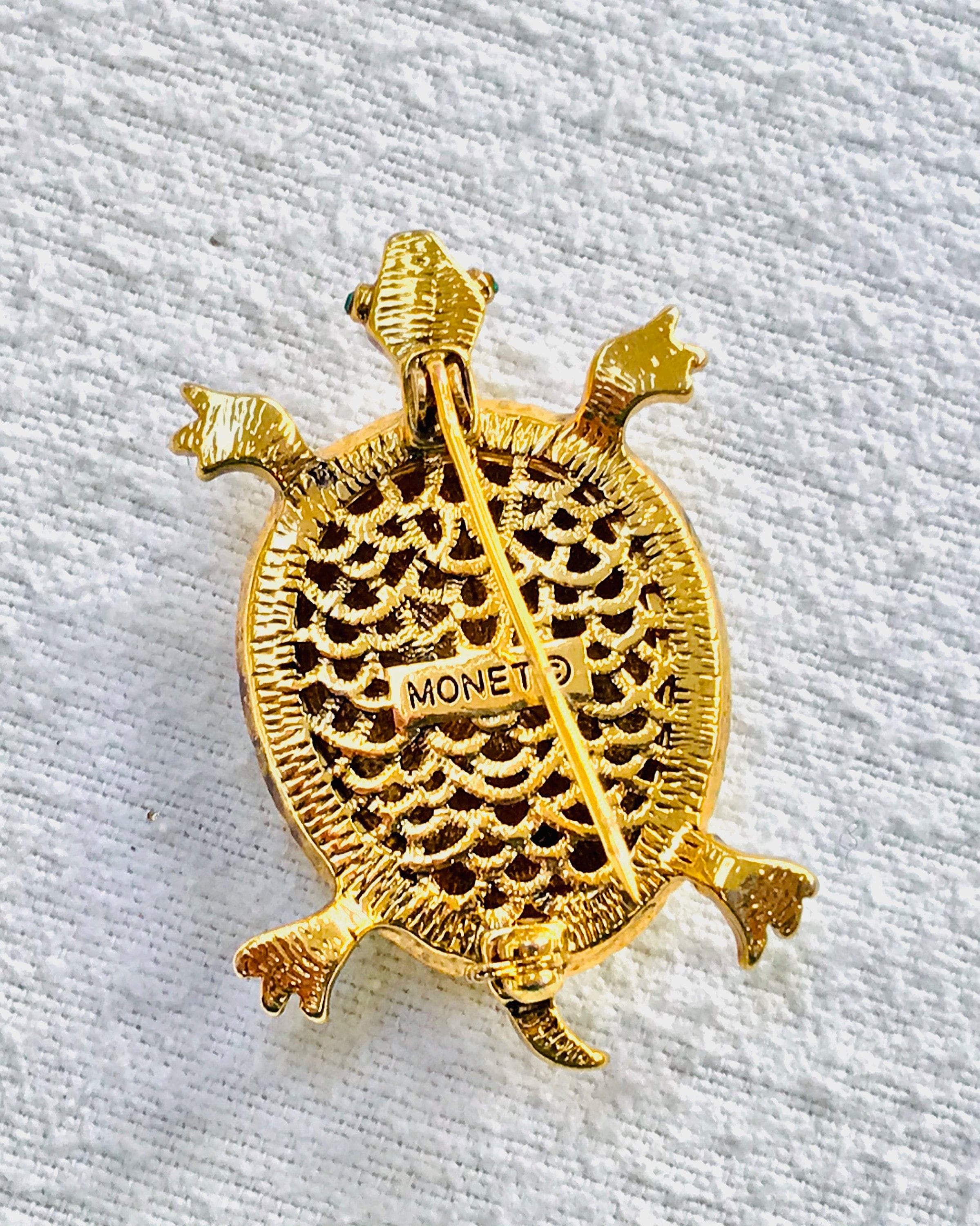 Vintage Gold Tone Rhinestone Turtle Brooch Pin in