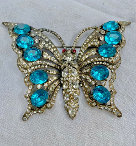 HUGE Signed Staret Blue Rhinestone Butterfly Brooc