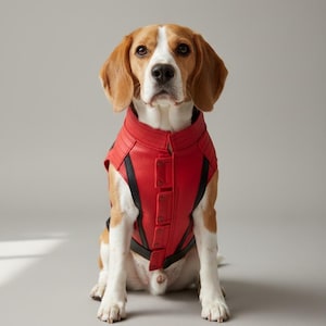 Traje para mascotas hecho a mano inspirado en la chaqueta Triller de Michael Jackson.