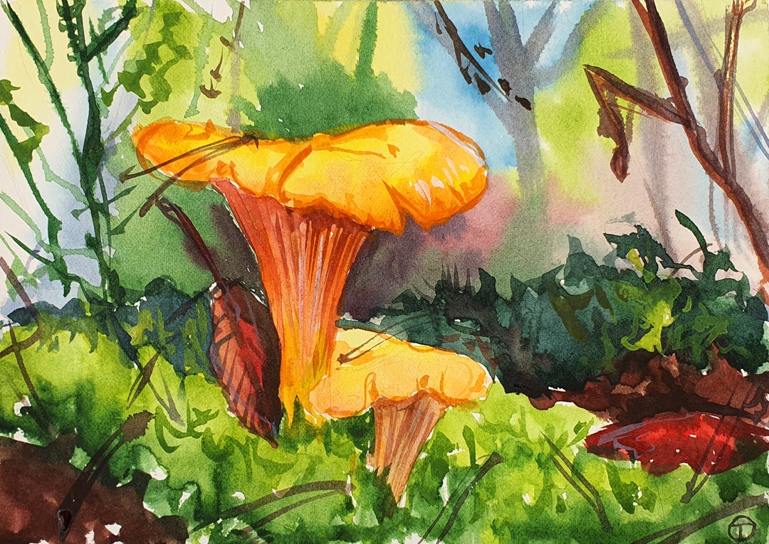 Golden Chanterelle Painting Original Watercolor Small Yellow Etsy