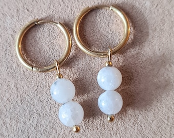 Hoops gold stainless steel with moonstone pendant - earrings with white gemstone - moonstone earrings - stainless steel rings with charm - hoop earrings