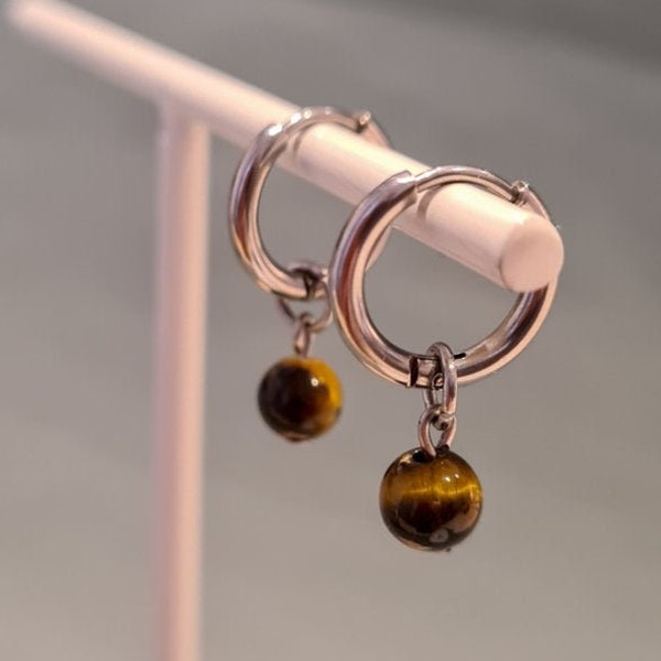 Hoops dot tiger eye - silver - Stainless steel earrings with little tigereye stone charm -  silver creoles with gemstone
