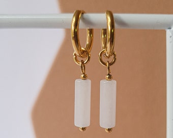 Hoops 'tube' milk quartz - gold stainless steel earrings with natural stone - white milk quartz earrings - stainless steel rings with natural stone charm