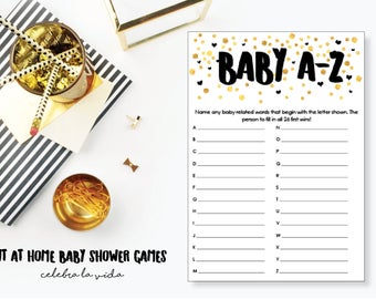 Baby A-Z. Baby Shower Game. Instant Download. Printable Baby Shower Gender Neutral Game. Gold and Black.