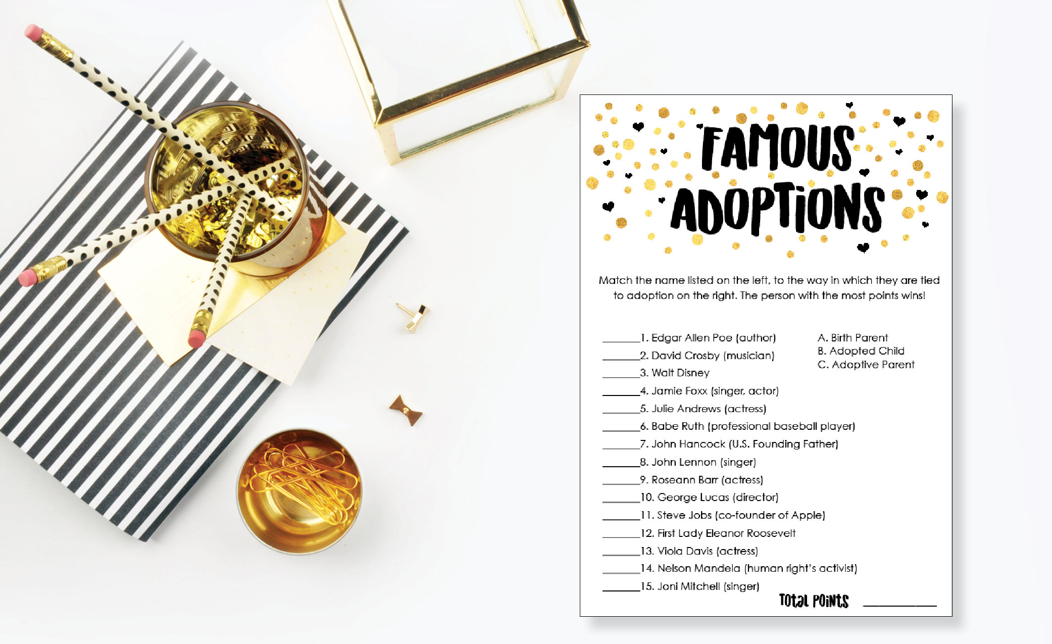 Famous Adoptions. Adoption Baby Shower Game. Instant Download. Printable Baby Shower Gender Neutral Game. Gold and Black.