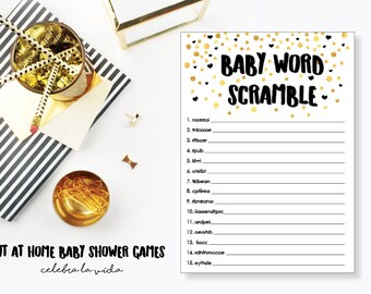 Baby Word Scramble Baby Shower Game. Instant Download. Printable Baby Shower Gender Neutral Game. Gold and Black.