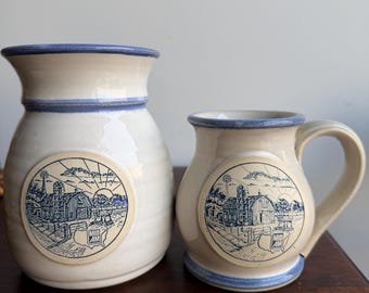 Vintage Deneen Pottery Pitcher Mug Set | Ivory Blue Farm Scene Stoneware