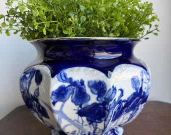 Vintage BH Victoria Ironstone Blue & White Cachepot | Cobalt Floral Jardiniere | English Ironstone Planter