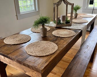 10-Foot Farmhouse Dining Table with Benches | Rustic Pine Wood, Provincial Stain