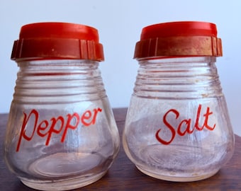Vintage Glass Salt & Pepper Shaker Set | Red Script Kitchen Shakers | Retro Farmhouse Kitchen Decor