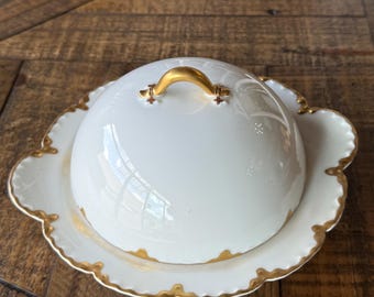 Vintage Haviland France Limoges Covered Serving Dish | White & Gold Porcelain Relish Tray | Vegetable Server