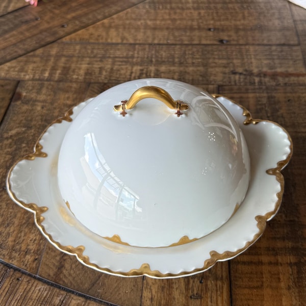 Vintage Haviland France Limoges Covered Serving Dish | White & Gold Porcelain Relish Tray | Vegetable Server