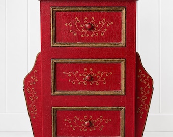 Vintage Hand-Painted Red Accent Cabinet | Folk Art Three Drawer Chest, Gold Scrollwork