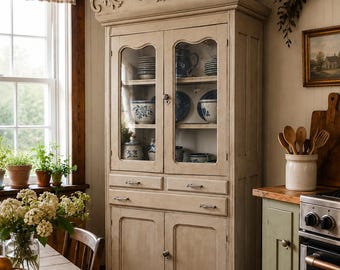 Vintage Solid Wood Cabinet Hutch | Distressed Painted Farmhouse Cupboard
