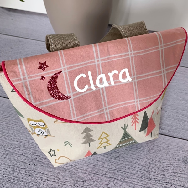 Sac à goûter réutilisable, pochette à goûter maternelle, zéro déchets, lunch box, sac à goûter rose motifs tipi et chouette