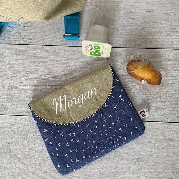 Sac à goûter goûter maternelle enfant, pochette personnalisable en lin et coton bleue et beige pour le goûter.