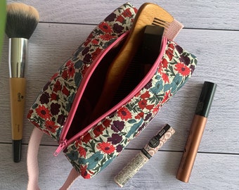 Toiletry bag, make-up bag, rectangular quilted bag in Liberty, pink, blue and plum