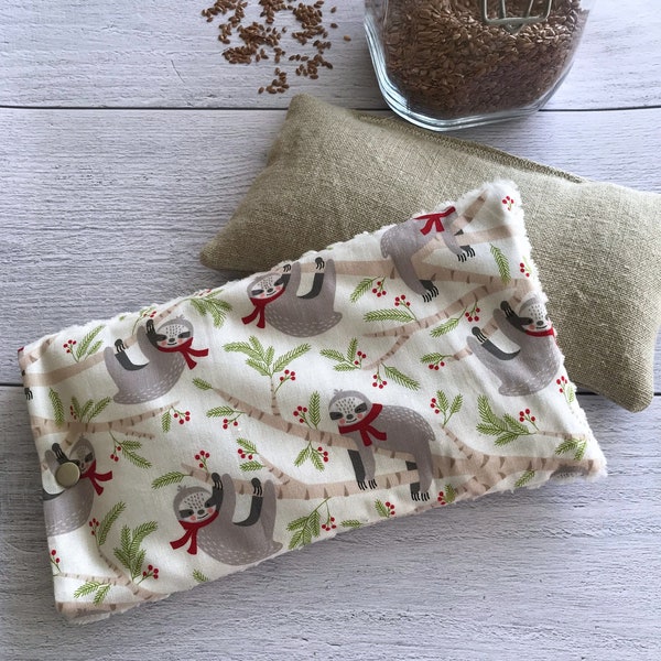 Bouillotte sèche déhoussable rectangulaire pour enfant modèle " Paresseux", garnie de graines de lin bio, blanche et rouge, coton